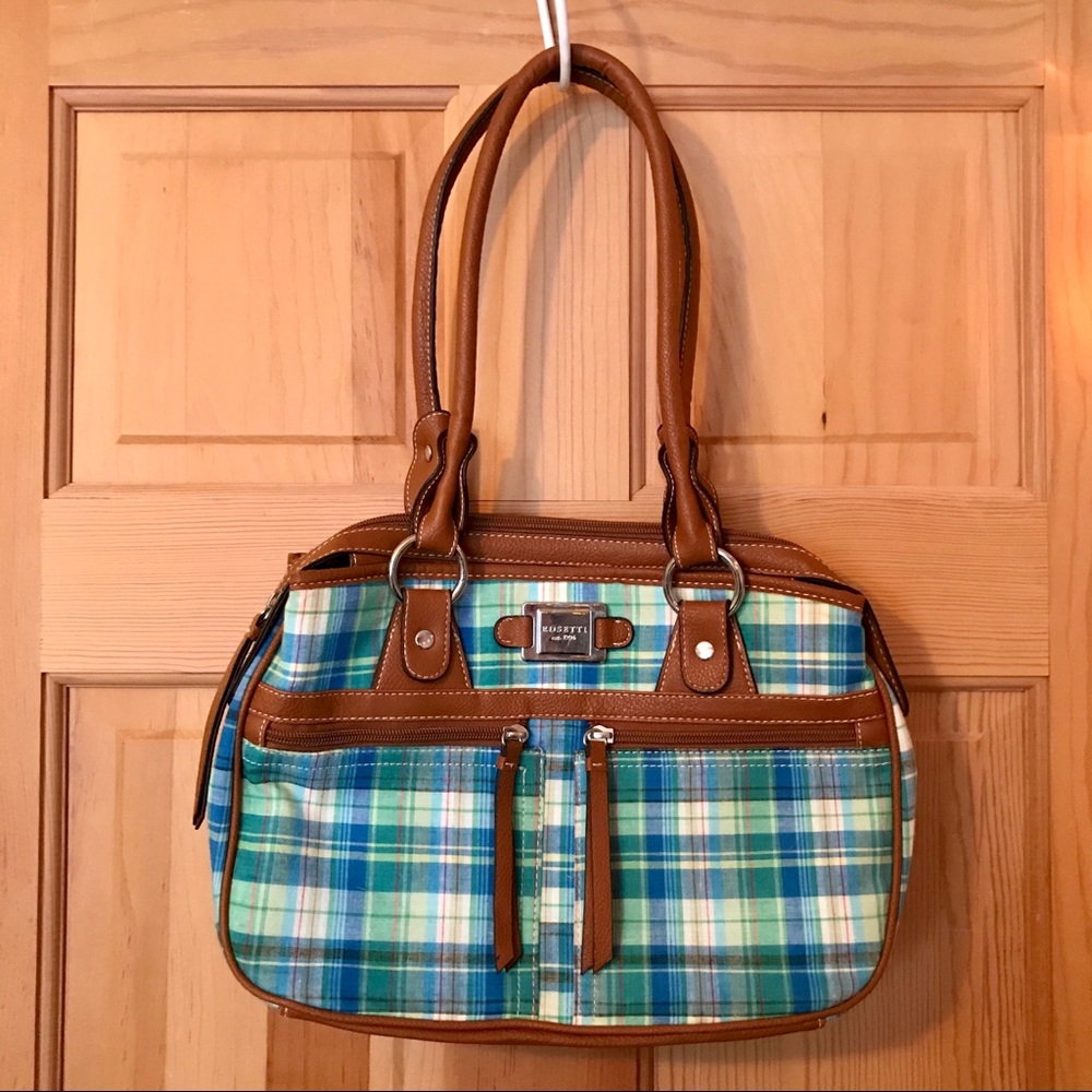 Cotton & faux leather plaid shoulder bag purse